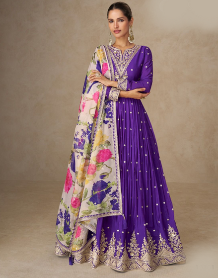 Women’s Embroidered Purple Chinnon Anarkali Outfit with Vibrant Floral Dupatta - Buy
