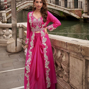 Pink Premium Chinon Viscose Jacquard Silk Set Embroidered Shrug, Mirror Work Blouse & Designer Palazzo for Festive Look - Buy