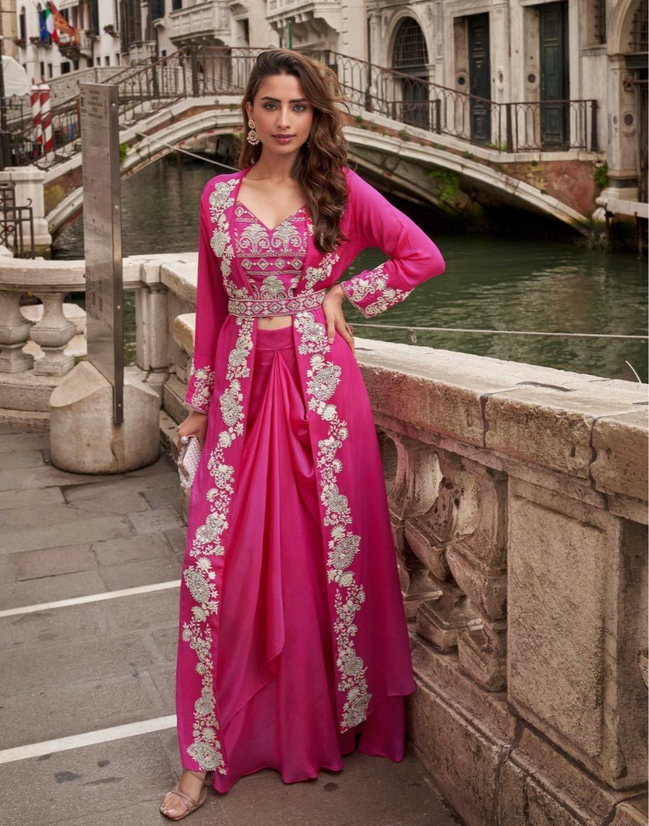 Pink Premium Chinon Viscose Jacquard Silk Set Embroidered Shrug, Mirror Work Blouse & Designer Palazzo for Festive Look - Buy