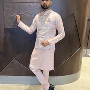 Peach Pure Cotton Mens Kurta Pyjama with Vibrant Jacquard Work & Stylish Koti Festive Ethnic Wear - Buy