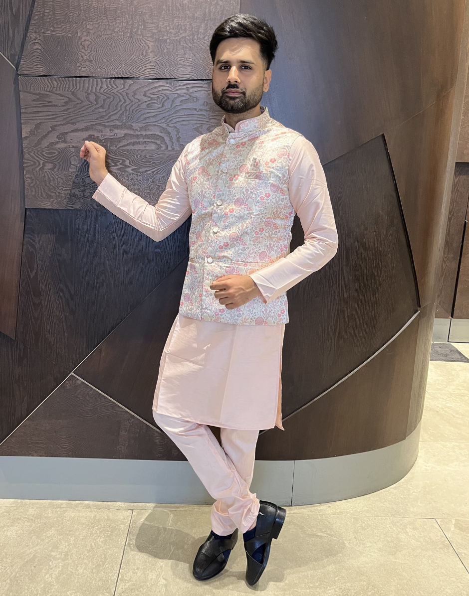 Peach Pure Cotton Mens Kurta Pyjama with Vibrant Jacquard Work & Stylish Koti Festive Ethnic Wear - Buy