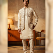 Ivory Hand-Embroidered Kurta Set with Designer Jacket for Men
