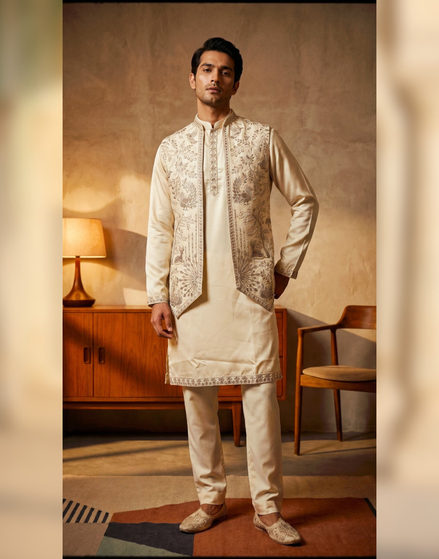 Ivory Hand-Embroidered Kurta Set with Designer Jacket for Men