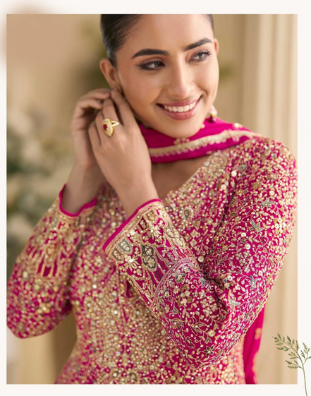 Festive Pink Georgette Gown with Intricate Swarovski & Zarkan Embroidery Dupatta Included - Buy