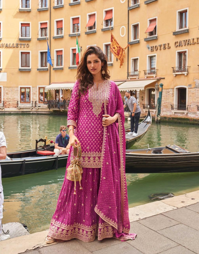 Trendy Pink Art Silk Co-Ord Set Real Chinon Embroidered Suit with Dupatta - Buy