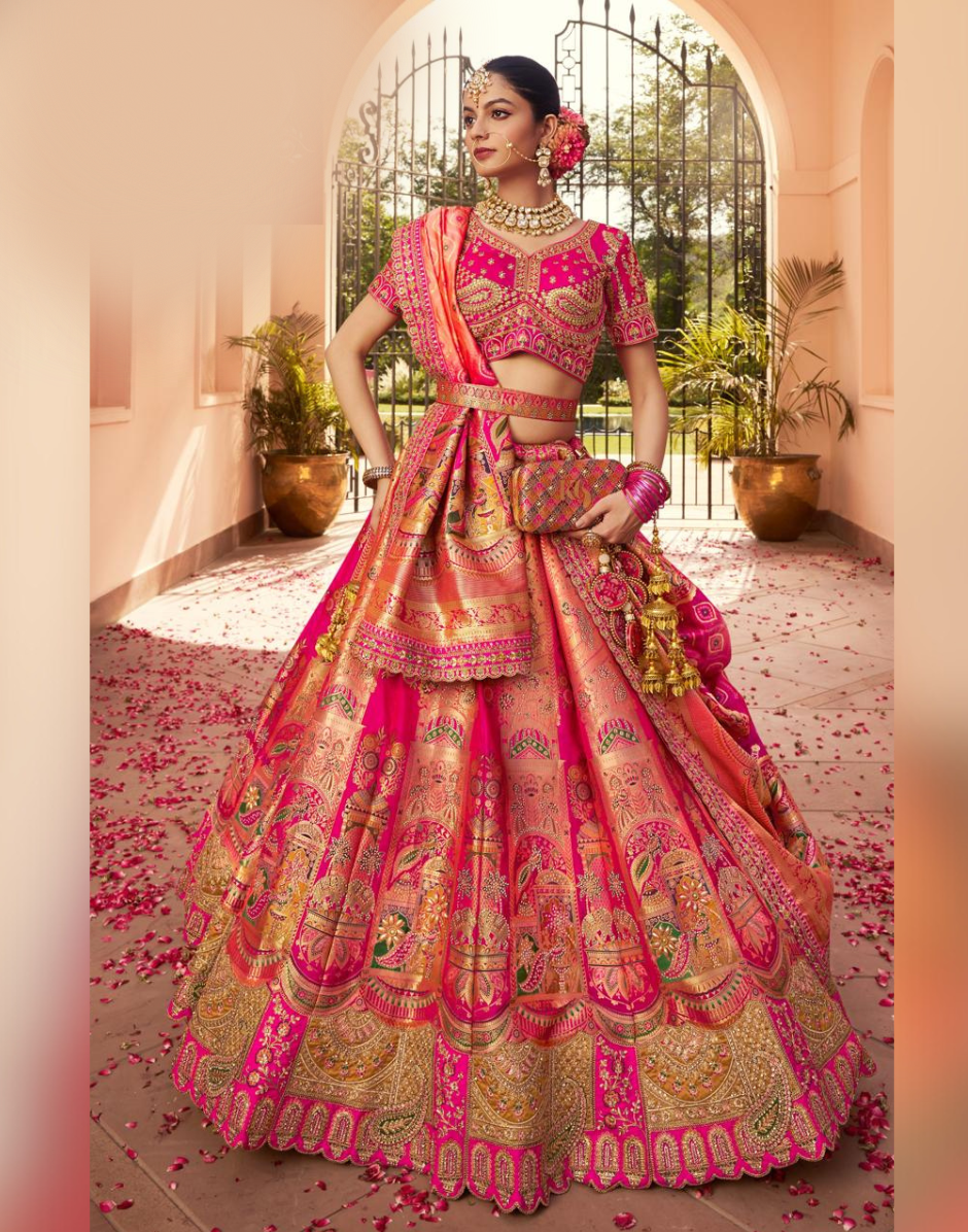 Pink Silk Lehenga for Weddings & Festive Wear Zarkan Embroidery, Sequin Work, Belt & Latkan - Buy