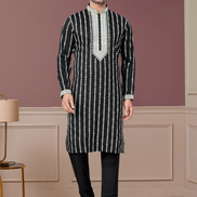 Stylish Black Kurta Pajama with White Thread Embroidery for Men Elegant Festive Wear - Buy
