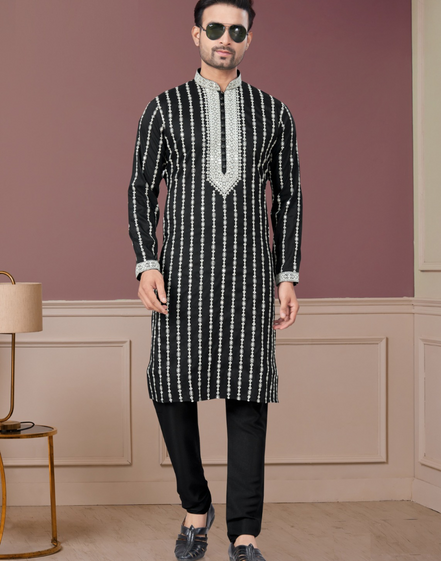 Stylish Black Kurta Pajama with White Thread Embroidery for Men Elegant Festive Wear - Buy