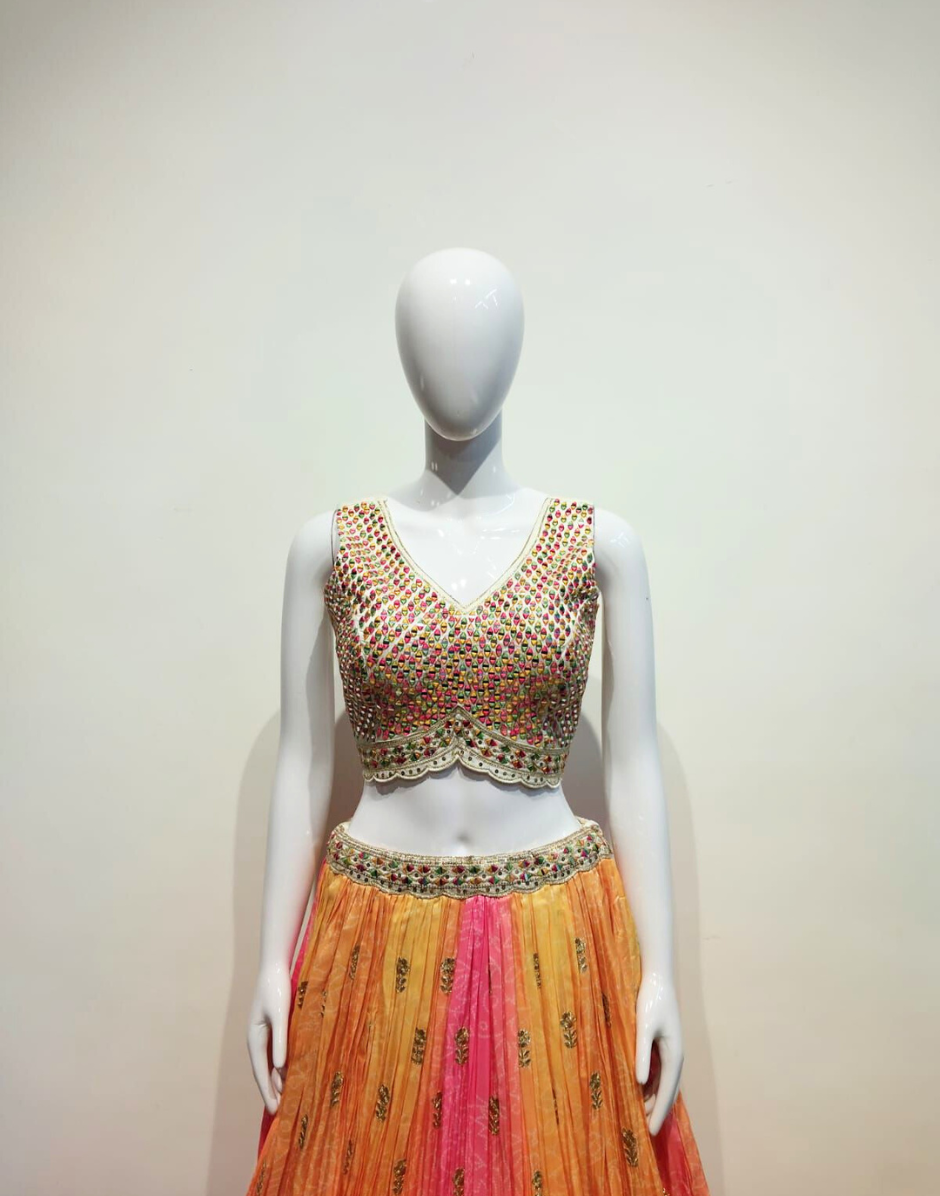 Exclusive Mustard Pink Silk Lehenga with Print & Embroidery Work - Buy