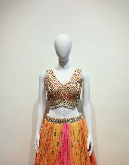 Exclusive Mustard Pink Silk Lehenga with Print & Embroidery Work - Buy