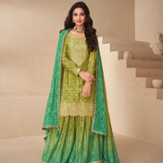 Green Chinnon Silk Embroidered Palazzo Set with Dupatta - Buy