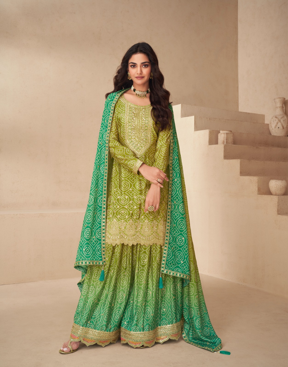 Green Chinnon Silk Embroidered Palazzo Set with Dupatta - Buy