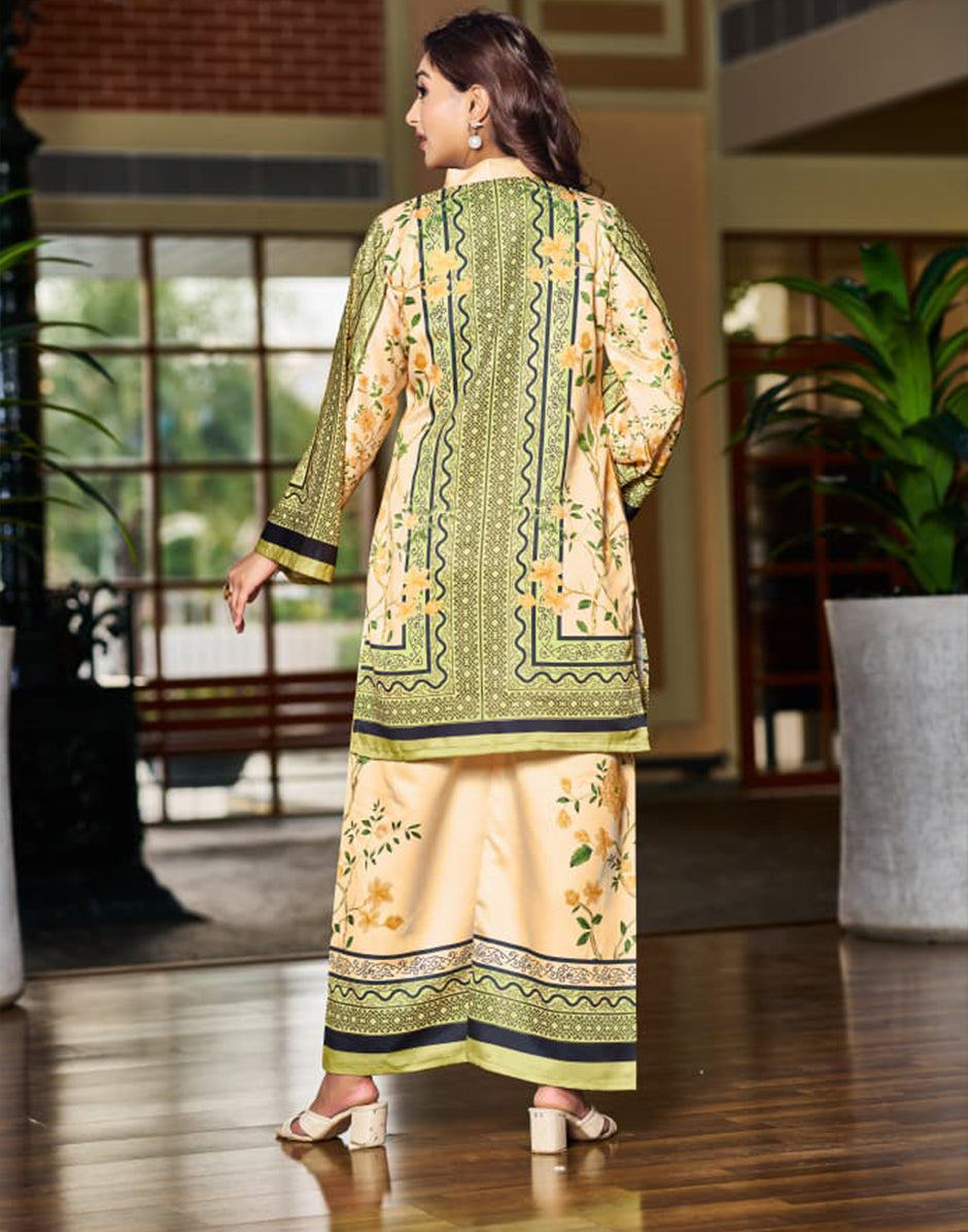 Trendy Beige Printed Satin Co-Ord Stylish Soft Two-Piece Set - Buy