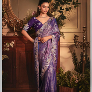 Purple Organza Saree with Heavy Stone Embroidered Border & Designer Butta Work Wedding & Festive Collection - Buy
