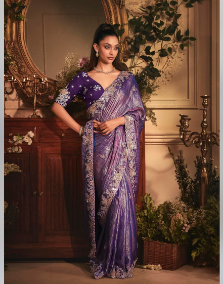 Purple Organza Saree with Heavy Stone Embroidered Border & Designer Butta Work Wedding & Festive Collection - Buy