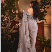 Designer Grey Organza Saree with All Over Butta Work & Heavy Stone Embellished Border - Buy