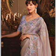 Designer Grey Organza Saree with All Over Butta Work & Heavy Stone Embellished Border - Buy