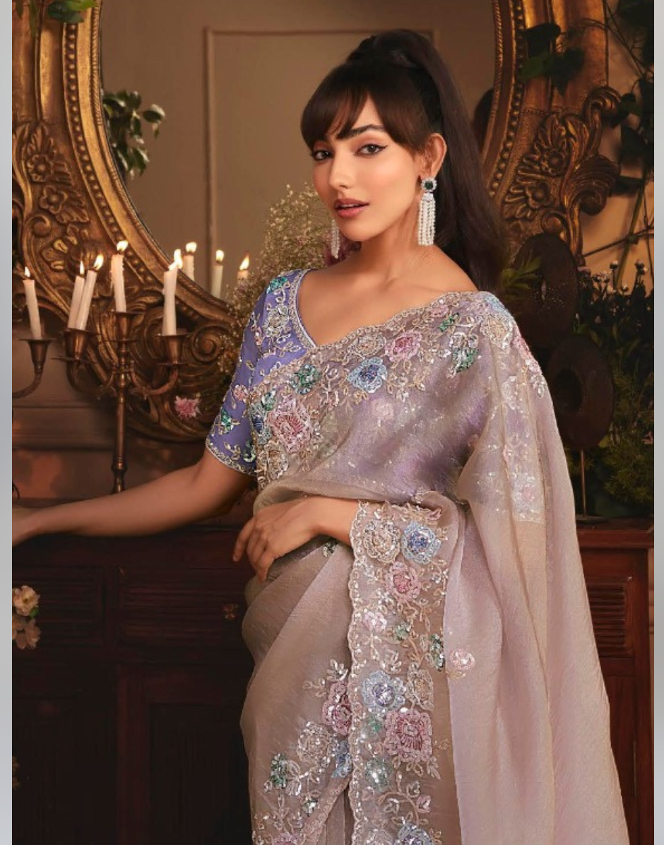 Designer Grey Organza Saree with All Over Butta Work & Heavy Stone Embellished Border - Buy