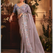 Designer Grey Organza Saree with All Over Butta Work & Heavy Stone Embellished Border - Buy