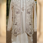 Ivory Hand-Embroidered Kurta Set with Designer Jacket for Men