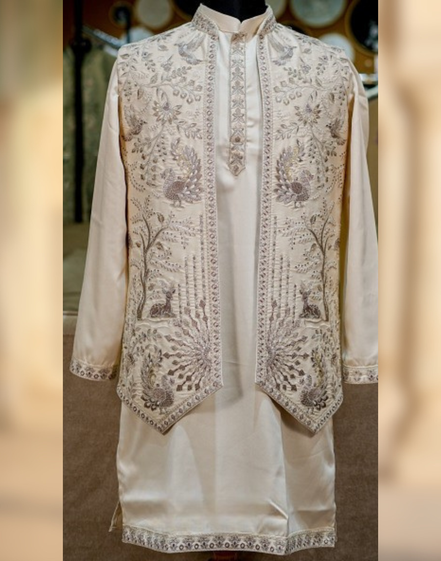 Ivory Hand-Embroidered Kurta Set with Designer Jacket for Men