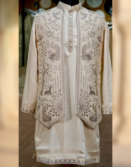 Ivory Hand-Embroidered Kurta Set with Designer Jacket for Men