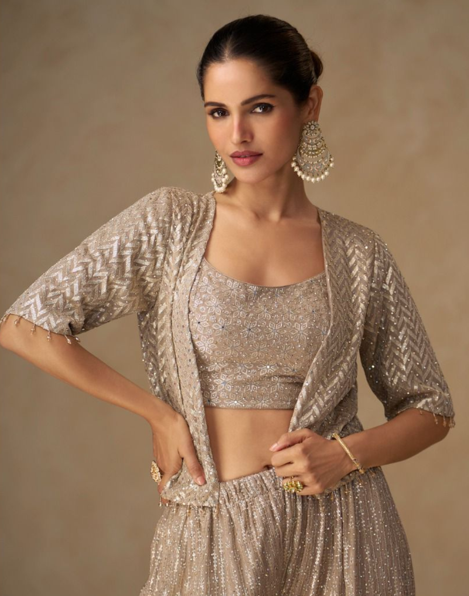 Beige Co-ord Set with Jacket for Wedding Guest