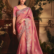 Glamorous Pink Organza Saree with All Over Butta Design & Heavy Embroidered Stone Border - Buy