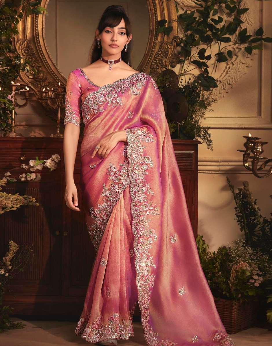 Glamorous Pink Organza Saree with All Over Butta Design & Heavy Embroidered Stone Border - Buy