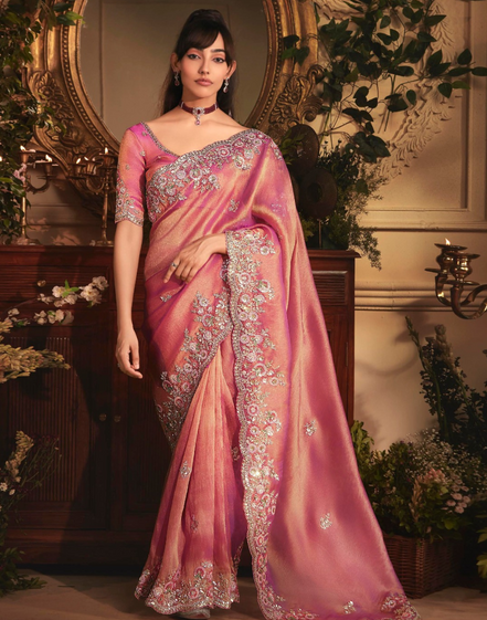 Glamorous Pink Organza Saree with All Over Butta Design & Heavy Embroidered Stone Border - Buy