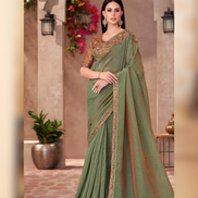 Golden Shine Mehendi Green Saree in Georgette with Elegant Linen Blouse - Buy