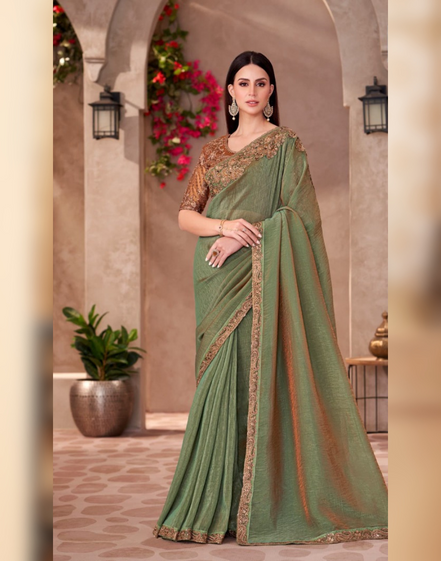 Golden Shine Mehendi Green Saree in Georgette with Elegant Linen Blouse - Buy