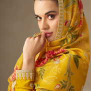 Chinnon Silk Yellow Anarkali Outfit for Women Intricate Embroidery with Floral Dupatta - Buy