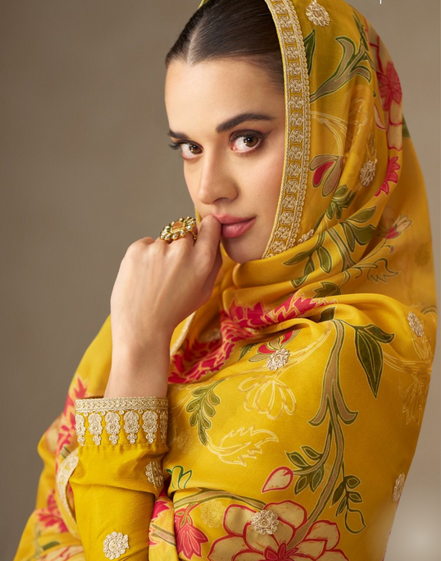 Chinnon Silk Yellow Anarkali Outfit for Women Intricate Embroidery with Floral Dupatta - Buy