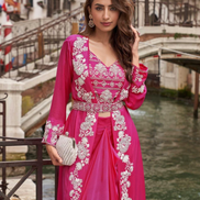 Pink Premium Chinon Viscose Jacquard Silk Set Embroidered Shrug, Mirror Work Blouse & Designer Palazzo for Festive Look - Buy