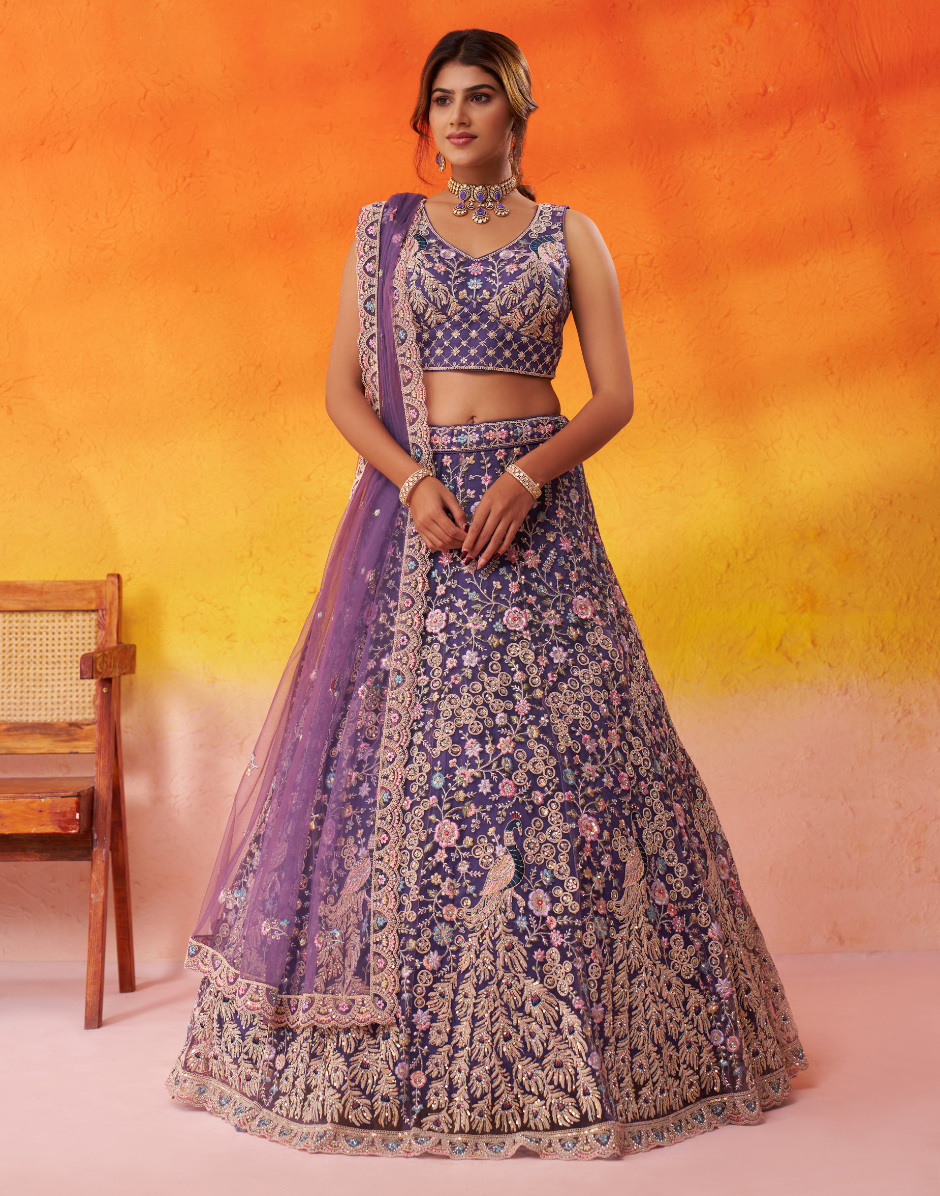 Premium Net Fabric Sequins Embroidery Lehenga & Blouse with Dupatta - Buy