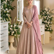 Chic Mauve Georgette Gown with Swarovski & Zarkan Embroidery Comes with Elegant Embroidered Dupatta - Buy