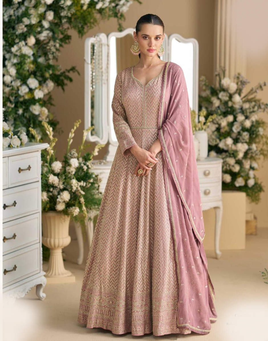Chic Mauve Georgette Gown with Swarovski & Zarkan Embroidery Comes with Elegant Embroidered Dupatta - Buy