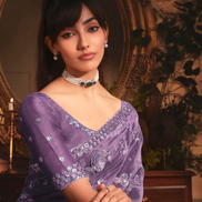 Designer Purple Organza Saree with All Over Butta Embroidery and Heavy Stone Work Border - Buy