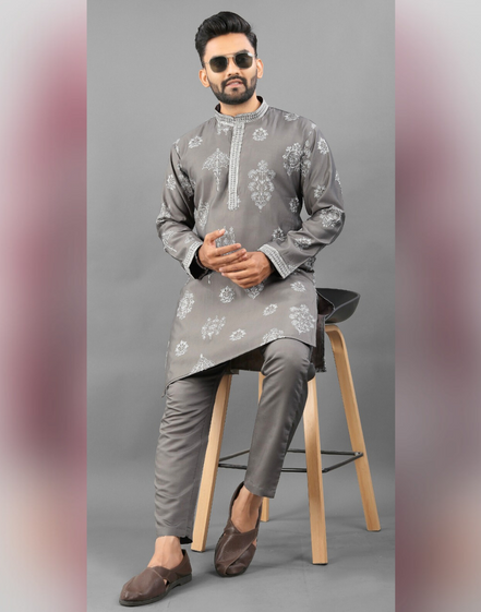 Men’s Ethnic Kurta Pyjama in Printed Art Silk with Detailed Embroidery Stylish Occasion Wear - Buy