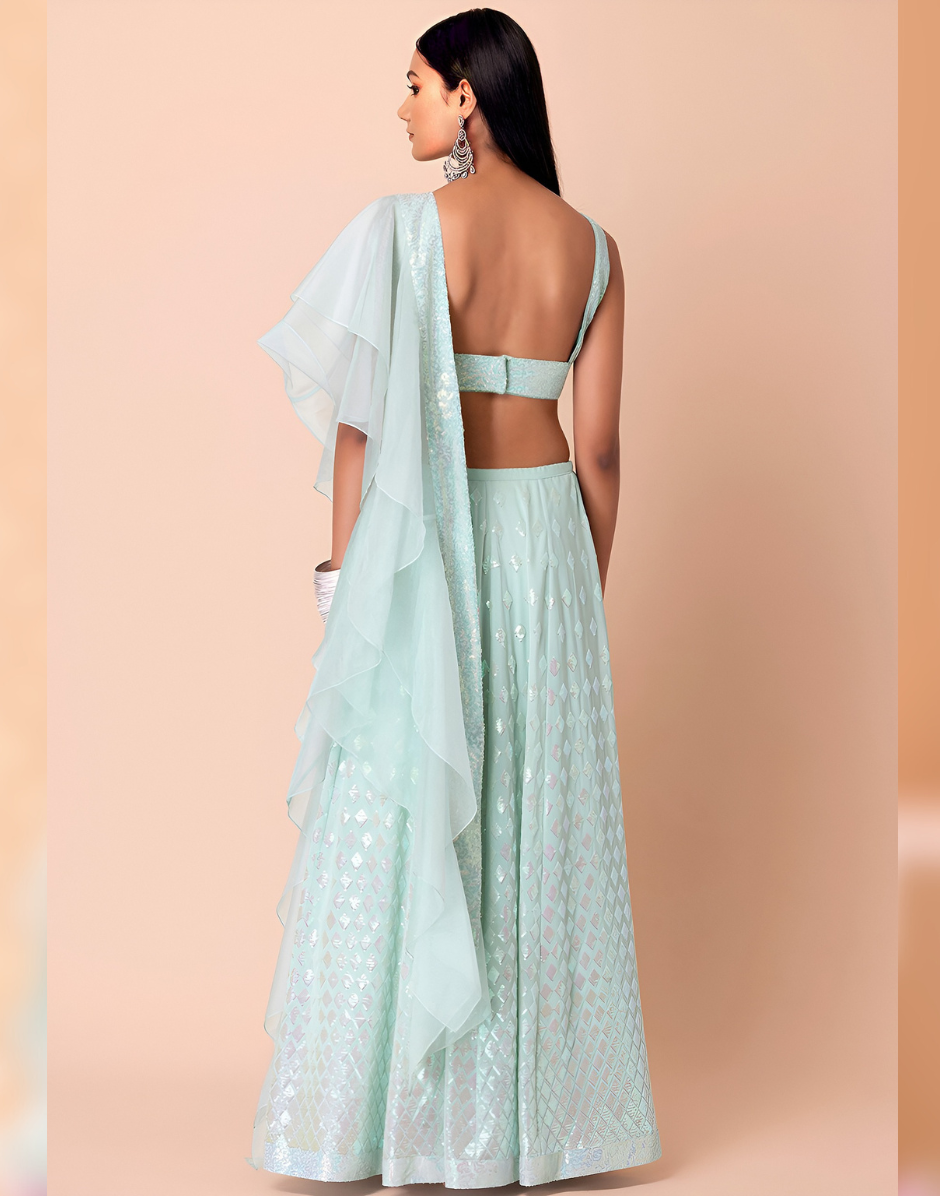 Glamorous Pastel Blue Lehenga Choli with Sequin and Thread Embroidery with Floral Patterns - Buy