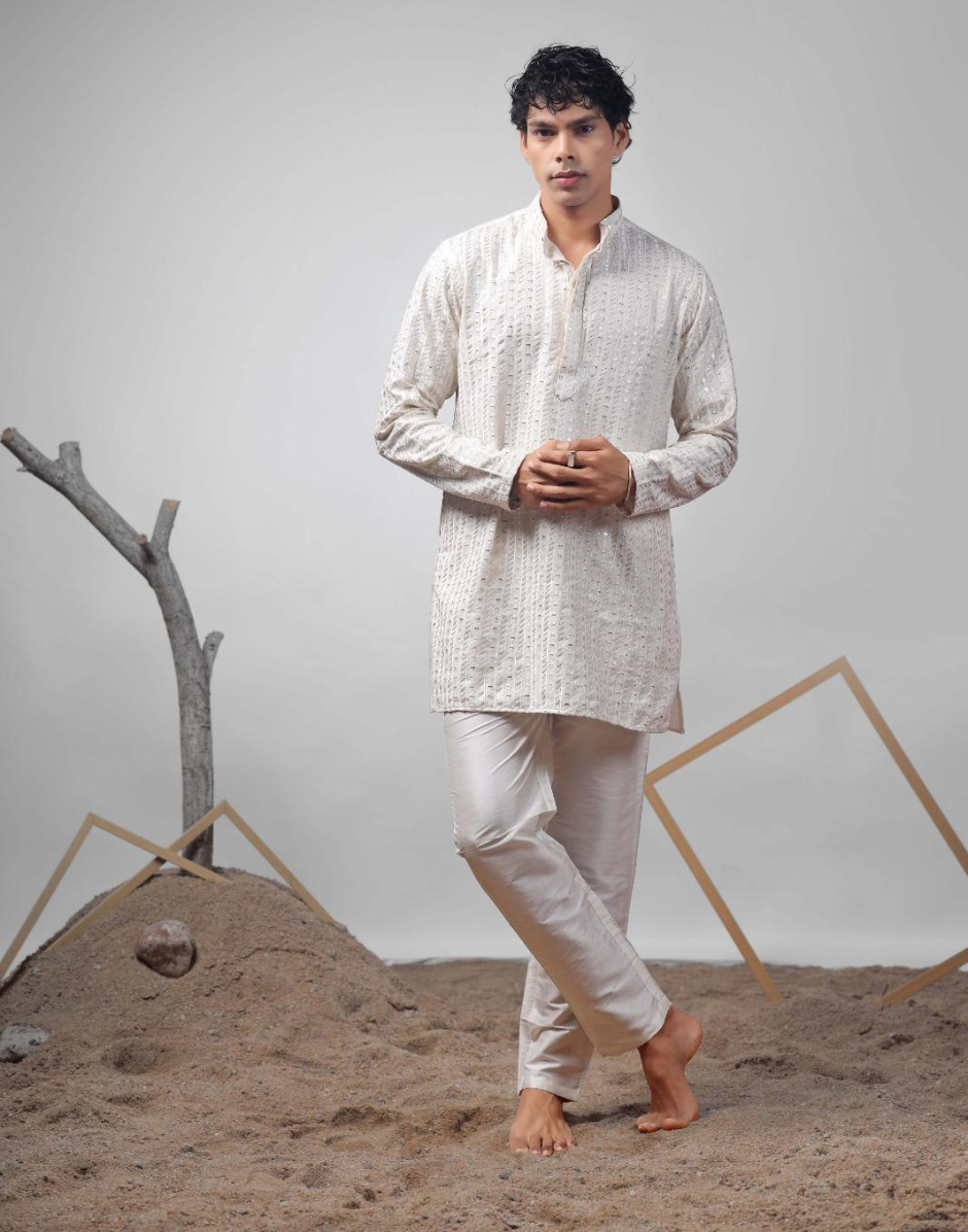 Pure Elegance White Art Silk Kurta Pyjama Set with Embroidery for Special Occasions - Buy