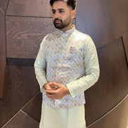 Cream Cotton Kurta Pyjama with Jacquard Woven Design & Matching Koti Festive Ethnic Wear - Buy