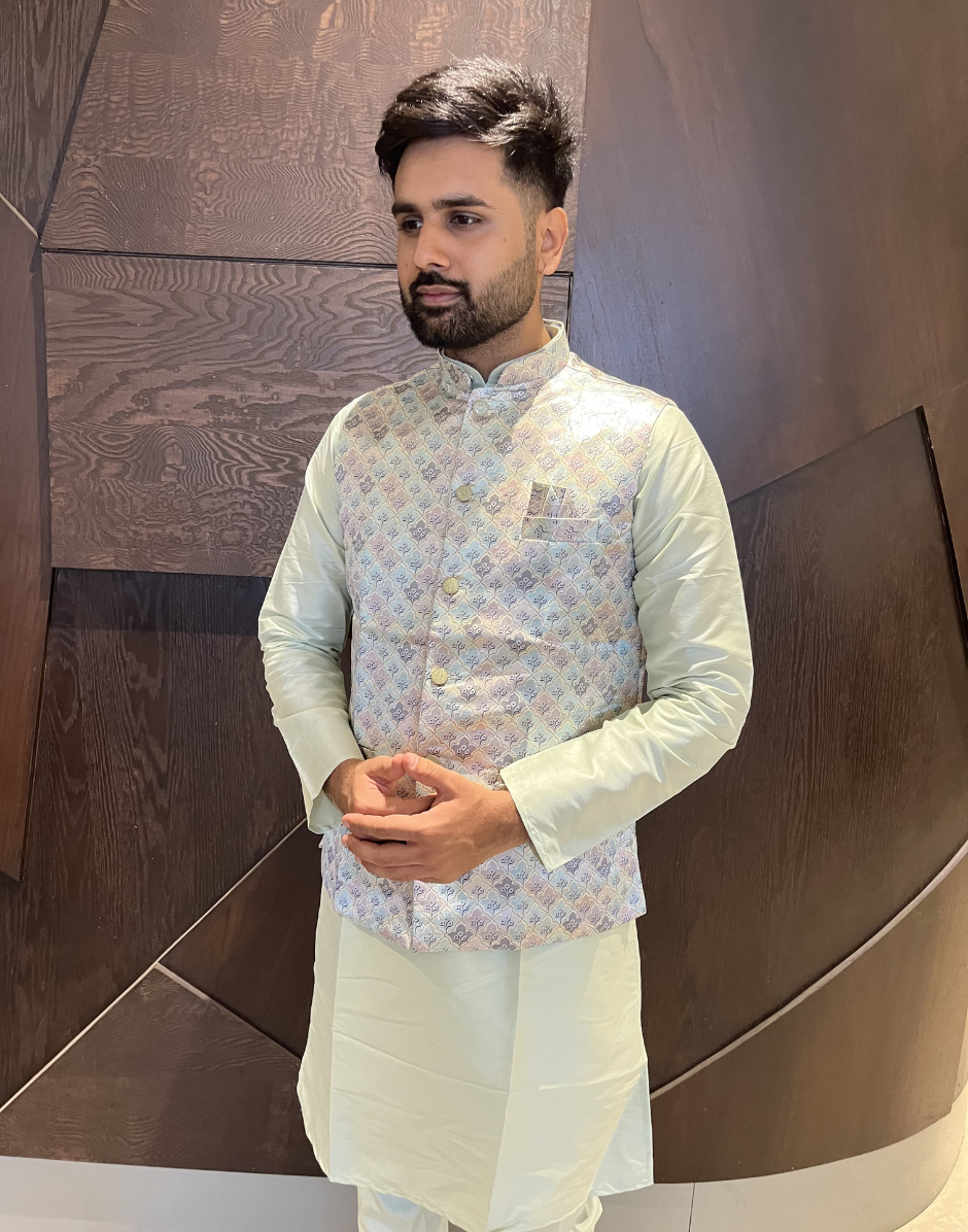 Cream Cotton Kurta Pyjama with Jacquard Woven Design & Matching Koti Festive Ethnic Wear - Buy