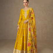 Chinnon Silk Yellow Anarkali Outfit for Women Intricate Embroidery with Floral Dupatta - Buy