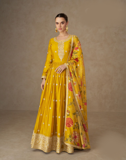 Chinnon Silk Yellow Anarkali Outfit for Women Intricate Embroidery with Floral Dupatta - Buy