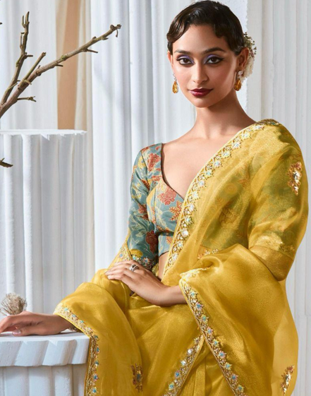 Graceful Embroidered & Embellished Saree with Printed Blouse Elegant Ethnic Ensemble - Buy