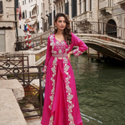 Pink Premium Chinon Viscose Jacquard Silk Set Embroidered Shrug, Mirror Work Blouse & Designer Palazzo for Festive Look - Buy