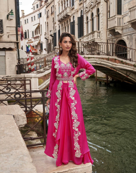 Pink Premium Chinon Viscose Jacquard Silk Set Embroidered Shrug, Mirror Work Blouse & Designer Palazzo for Festive Look - Buy