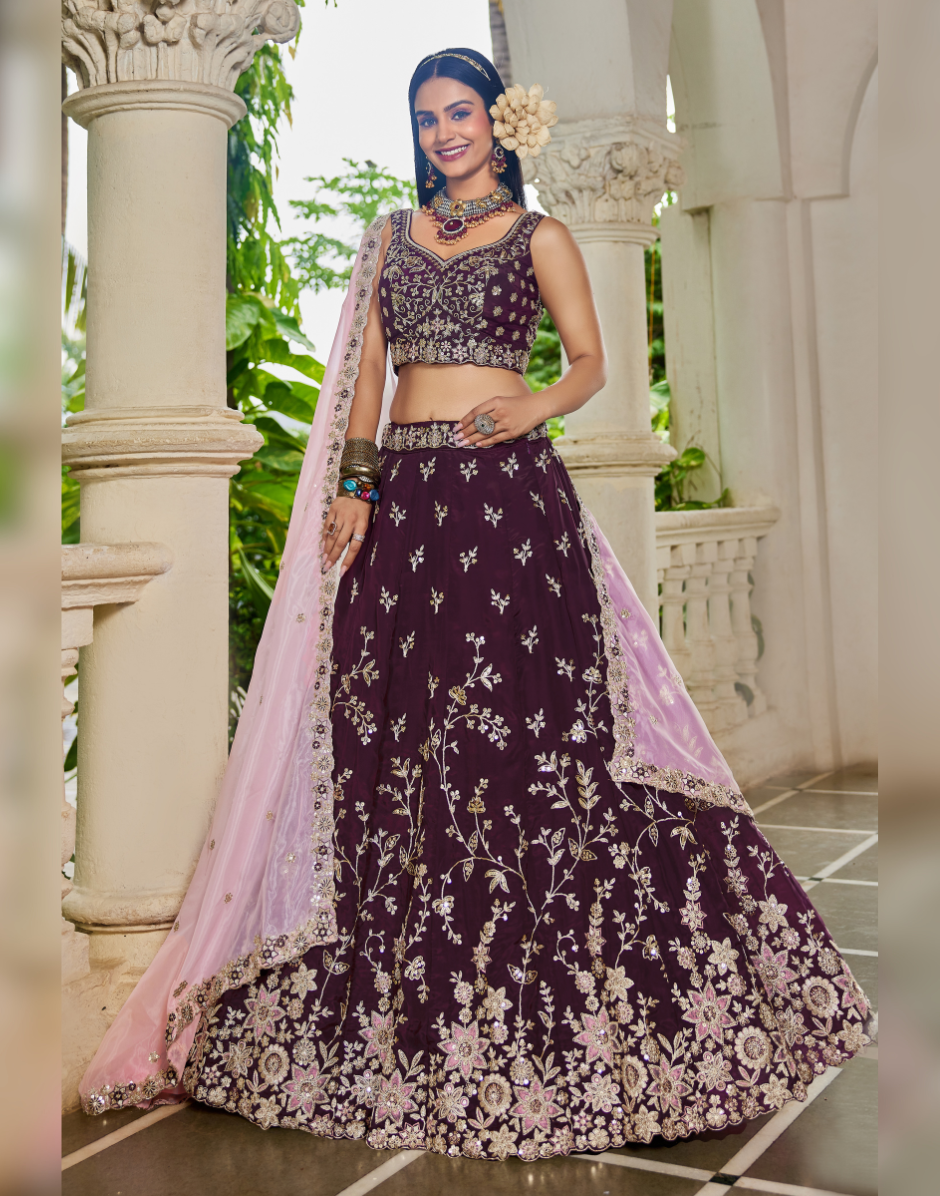 Organza Lehenga Choli with Coding, Sequin & Thread Embroidery Dupatta Included - Buy